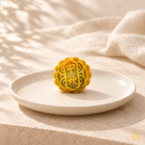 Gâteau de lune individuel L’osmanthe de 5 cm de diamètre sur une assiette en céramique