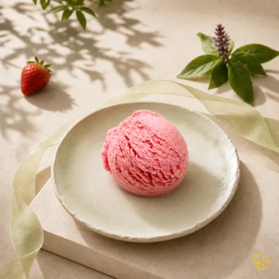 Sorbet fraise – basilic thaï dans une assiette
