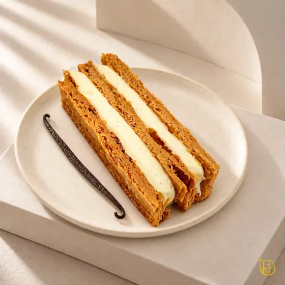 Millefeuille individuel à la vanille sur une assiette ivoire avec une gousse de vanille